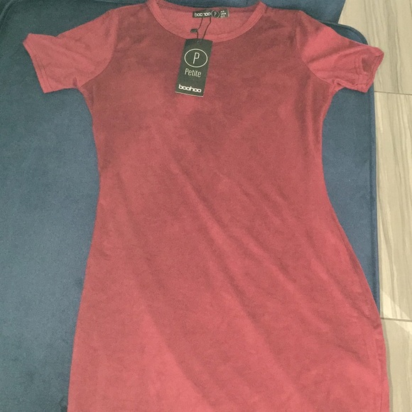 SOLD Petite Tia Suedette Curved Hem Mini Dress BERRY - Picture 2 of 6